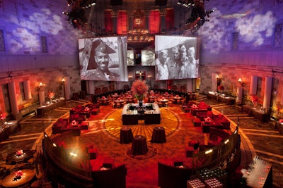 To add emphasis to the film's focus, the design of the premiere party centered around the airmen, with black-and-white photos of the Air Force unit (as well as behind-the-scenes shots from the making of the movie) projected onto custom panels hung from a circular truss place 30 feet overhead. Imagery of clouds and the P-51 fighter jet washed the venue's walls and added movement to the decor.