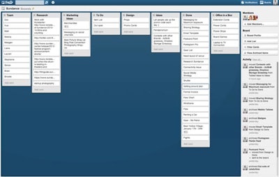 For its event at the Sundance Film Festival, Sincerely created a Trello board with eight lists to track activities in areas such as research, marketing, and design.