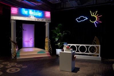 David Stark's team sought to fashion unique vignettes for each guest boutique at the press preview, taking into account the aesthetic and location of the collaborators. For the Webster, a luxury emporium based in Miami, an Art Deco façade was installed, complete with the store's neon signage, pink flamingo logo, and Target adapted tagline, 'Home of Miami's passion for très chic fashion.'