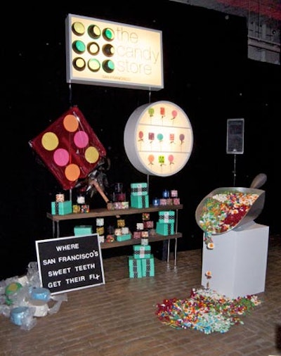 For the Candy Store, a San Francisco-based retailer of both contemporary and rare sweets, larger-than-life props whimsically illustrated the company's breadth of offerings. The actual Target packaging, seen in the teal boxes, was also on display.