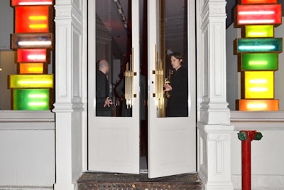 Vertical towers of illuminated neon blocks flanked the entrance to Stella McCartney's SoHo store for the dinner portion of the evening.