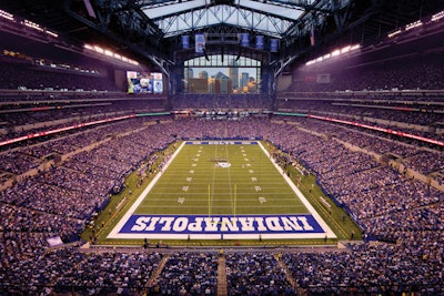 Super Bowl XLVI takes place at Lucas Oil Stadium on February 5.