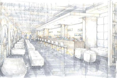 Encircling the Arcadian Court, the mezzanine will offer overlooking alcoves, a built-in bar, and leather banquettes. Modernized as a lounge, the space will also have crystals from the repurposed chandeliers hanging from ceiling.