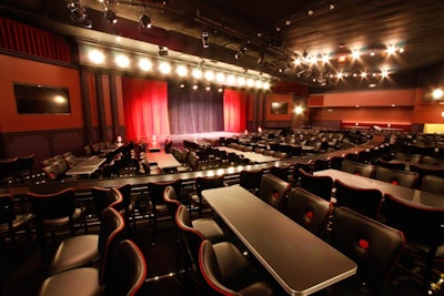 Private events can include shows, team-building activities, and a full bar. For meetings, amenities include wireless microphones and a central screen for PowerPoint presentations.
