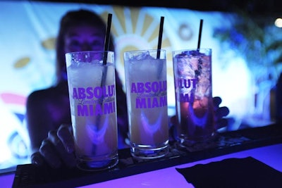 Two long bars served cocktails made with Absolut Miami, which is infused with passion fruit and orange blossom flavors.