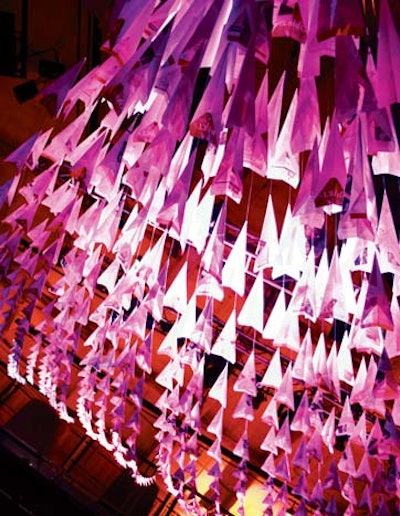 Seattle-based event designer Matthew Parker (206.218.7969, matthewparkerevents.com) specializes in using paper to create custom, site-specific props and decor, like this paper-airplane installation designed for HeARTbeat, a fund-raiser for the Artfund Associates in June at the EMP Museum in Seattle. Inspired by Boeing, one of the nonprofit’s largest supporters, Parker strung 1,000 paper airplanes crafted from old Artfund newsletters from the venue’s ceiling. “When designing for large spaces on a tight budget, it’s important to think big and in multiples,” Parker said. “I like using paper decor at events because it’s cheap and versatile.” In addition to intricately cut and folded paper, Parker’s installations have also incorporated coffee filters, paper snow cone cups, and cardboard.
