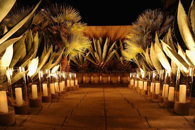 Immediately beyond the step-and-repeat video wall, guests walked up stone steps, a runway-like path lined with hurricane candles and palm trees.