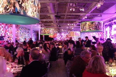 The dinner space had a contemporary urban-loft feel, with exposed ceilings and white columns. The production team's goal was for the event's design pieces to feel like an organic part of the modern art museum.