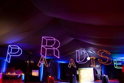 Tent Logix turned the courtyard into a cozy space for the after-party. A 3-D display of the word Paradise, inspired by Jack Pierson's work of the same name, was suspended from the tent's interior.