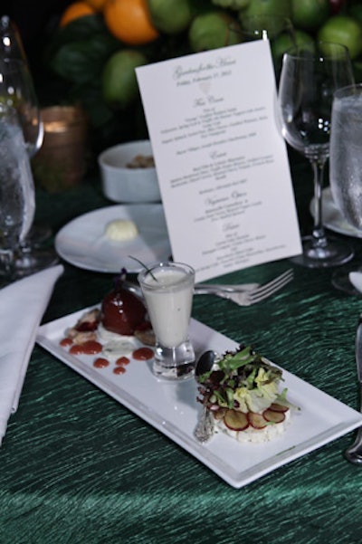 Staffers served guests a 'Trump Waldorf Salad' with vichyssoise and spinach, plated on rectangular dishes.