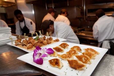 Passed appetizers included pierogi with potato, sauerkraut, and apple creme fraiche. Another tray held lobster hush puppies with giardineira remoulade. The menu had a loose 'electric soul food' theme, inspired by the evening's performer George Clinton.