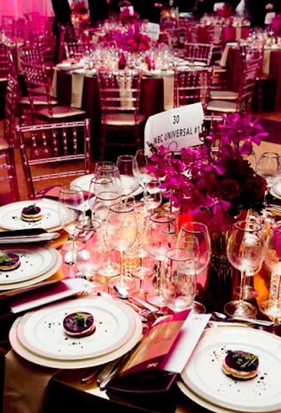 To match the reflect theme, a mirrored surface covered the tables. San Remo created pink flower centrepieces. Daniel et Daniel served beet and goat cheese napoleon for the first course.