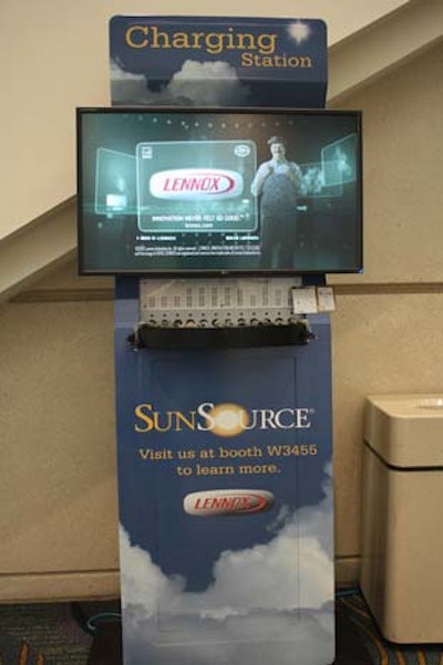 Charging stations located in the convention center concourse displayed videos from sponsors, such as Lennox.