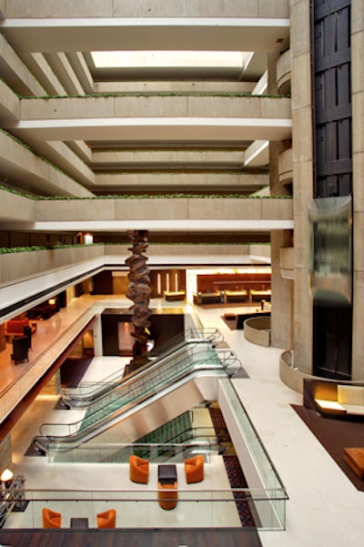 The hotel has a skywalk that connects it to the Donald E. Stephens Convention Center.