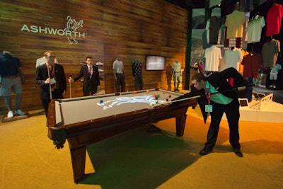 In the Ashworth area, organizers wanted to emphasize that the apparel line is a lifestyle brand, intended to be used on and off the golf course. So they set up a pool table and on the second day of the show provided live music and an open bar.