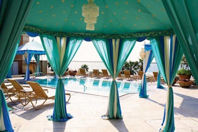Raj Tents in Los Angeles and San Leandro, California, launched its Beach Chic line for outdoor events last year. The tents, built around the frames of the company’s popular Pergola and Pavilion tents, come with a sea-spray or turquoise exterior and blue wave valance. Additional decor options include crystal chandeliers, mirrors, and hand-carved furniture for lounge settings.