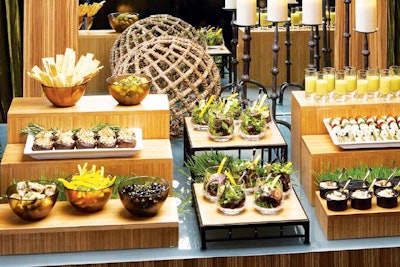 Tapas bar, by Good Gracious Events! in Los Angeles, displayed on sustainable bamboo risers from Cal-Mil (800.321.9069, calmil.com)