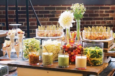 Crudite, dip, and shrimp display, on an antique cart, by L-Eat Catering in Toronto