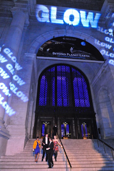To hint at the decor inside, the organizers projected the word glow onto the exterior of the Upper West Side museum for its annual Museum Dance fund-raiser.