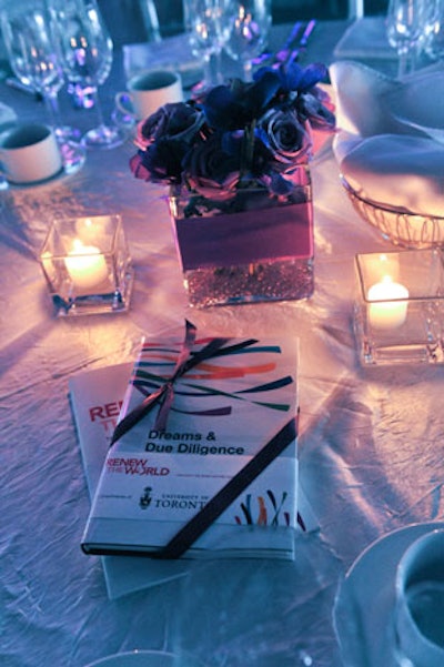 Tables had different coloured floral centrepieces. The colour scheme followed the Canadian Stem Cell Foundation's marketing imagery.