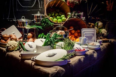 The event had a farm-to-table theme. Fruits and vegetables adorned a display table that showcased merchandise from Stone's new product line.