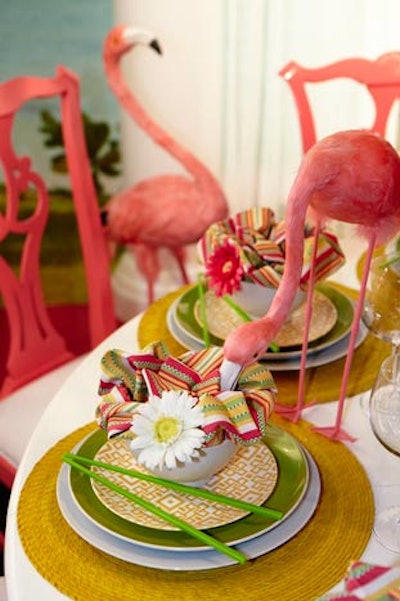 For the Ethan Allen table, striped napkins were stuffed into bowls and topped with fabric daisies.