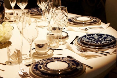 Marchesa designed a traditional table for Lenox, using patterned blue-and-white china and textured glassware.