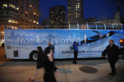 The ad campaign for Frozen Planet, which includes placement on buses and cabs, informed the theme for the event, with the dominant imagery of penguins serving as the motif for the premiere and screening on Thursday, March 8.