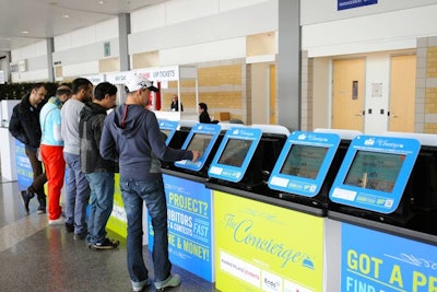 Touch-screen concierge kiosks help guests navigate the large show. Guests are invited to answer a three-minute questionnaire with project options like interior decorating or landscaping, and the kiosks print out exhibitors that match their interests.