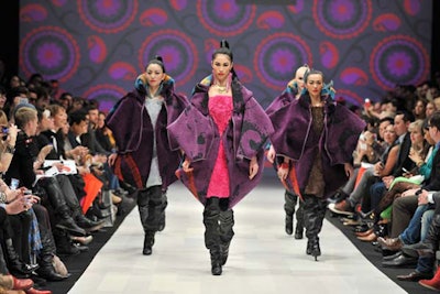Fashion Week sponsor and home decor company Korhani opened Toronto Fashion Week and, for the third year in a row, created clothing from its latest rug collection. Colourful images served as the backdrop.