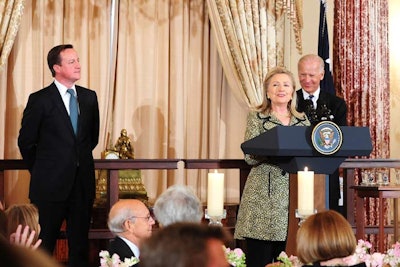 As guests took their seats at 1:30 p.m., the luncheon began with remarks from Prime Minister David Cameron, Vice President Joe Biden, and Secretary of State Hillary Clinton about the bond between the U.S. and Great Britain.