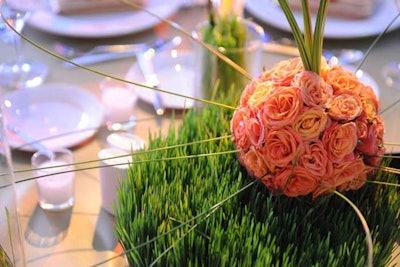 Centerpieces consisted of wheat grass and balls of roses to bring the outdoor theme inside.