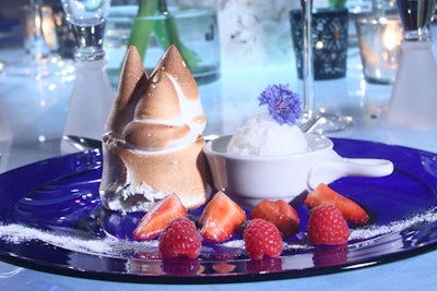 Occasions Caterers took inspiration from the Matterhorn mountain for the dessert of layered almond cake, strawberry gelée, and yogurt crème brûlée topped with toasted meringue and served with elderflower ice and red fruits.