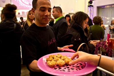 In a nod to the logo of the new hair-care line, the launch party was filled with sparkling pink accents. Caterer Great Performances matched this look with passed hors d'oeuvres like chocolate-dipped cheesecake lollipops with pink sprinkles, rhubarb tartlets (pictured), and dark chocolate cups filled with raspberry mousse.