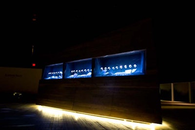 New York-based French multimedia artist Sebastien Leon Agneessens devised a showcase of the Royal Oak timepiece through the decades that resembled a rock that had broken apart into pieces. Each fragment had a steel exterior and walnut interior and was underlit to create a floating effect.