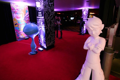 Before the presentation, Cartoon Network put the focus on its shows by decorating the lobby area with freestanding 3-D representations of animated characters and cartoon panels festooned to the walls and columns.