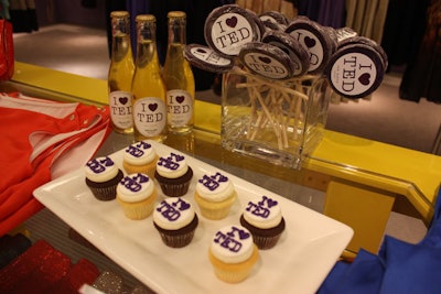 Snacks, including jumbo lollipops and chocolate and vanilla cupcakes, bore an 'I Love Ted' logo.