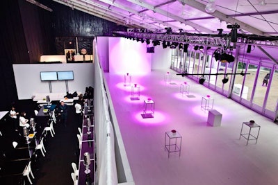 A second presentation space, called the Studio, is located on the North side of the tent. The space is reserved for afternoon fashion shows and presentations and can be used for larger receptions in the evening. A wall of windows face busy King Street, allowing passersby to peer inside. The media room is located between the two runways, and screens display a live stream of the shows.