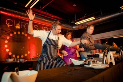 The event, which included an interactive cooking demo, was inspired by the theme of Stone's new products: 'Cook, create, celebrate.' Gobos shaped like the letter C appeared throughout the restaurant.