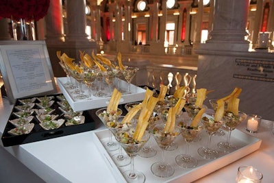 The menu at the April 11 reception was intended to showcase modern takes on healthy options, like vegan ceviche with tofu, hearts of palm, tomato avocado, red onion, and oyster, shiitake, and crimini mushrooms. The ceviche was blended with agave nectar and unpasteurized shoyu, then served in martini glasses with crispy plantain chips.