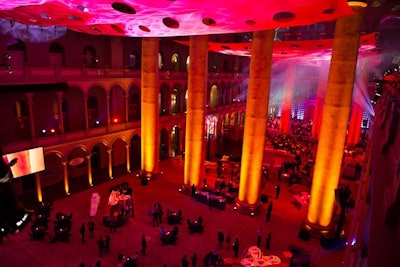 For the dessert and drinks celebration at the National Building Museum on April 12, fabric panels suspended over the atrium and furniture in amoeba-like shapes added a contemporary look to the atrium.