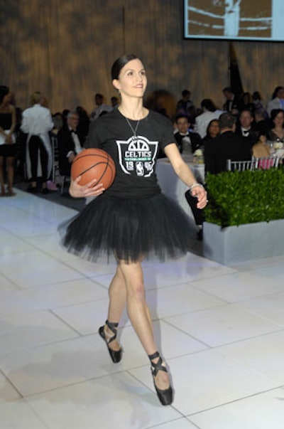 They Boston Ballet gala, called 'Le Bal du Diamant' (or 'Diamond Ball'), took place at the Park Plaza Castle in Boston March 31. Dancer Sarah Wroth wore a Celtics jersey and dribbled a basketball around dinner tables while en pointe to promote the 'Celtics Pride' live-auction package.