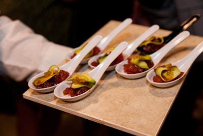 Passed appetizers included ahi tuna tartare with ginger soy dressing, avocado, and mango caviar.