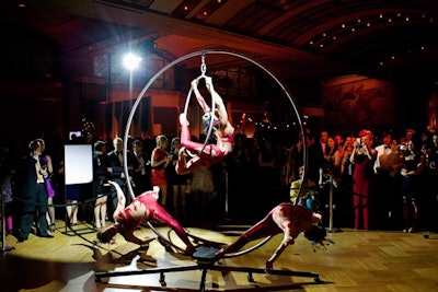 A2D2 aerialists performed during the circus-inspired fund-raiser. Adding rigging to the historic museum was not an option, so A2D2 brought their grounded Cirque-u-l'air rig.