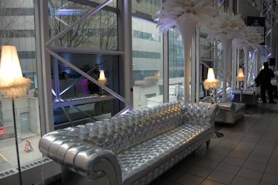 In the bar car, silver lounge furniture lined one wall and tall arrangements of feathers provided additional visuals.