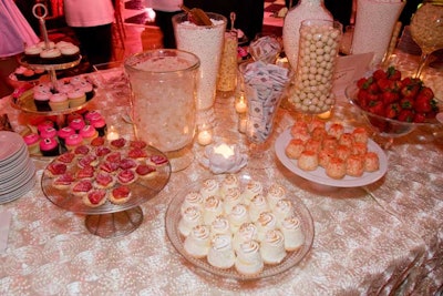 The dessert buffet included a variety of white candies, cupcakes from Georgetown Cupcake, and small pastries.