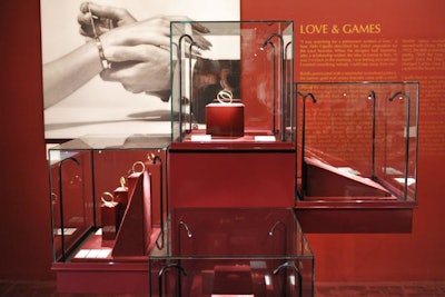 Beckman designed the display cases for the exhibition, which is open to the public through May 8, to be dynamic and distinctly Cartier. 'I wanted to tell a visual story of the period through groupings that played well with the clean and modern pieces of jewelry,' said Beckamn, The Bordeaux-colored walls and dark, rich carpeting evoked the old Les Must de Cartier boutiques.