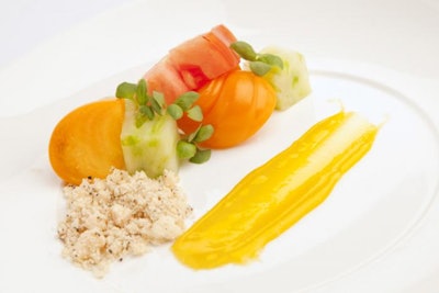 Heirloom Tomatoes, basil gelato, early harvest olive oil jam, cracked black pepper strussel, flake sea salt, cream balsamic