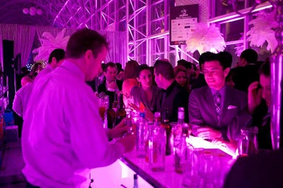 The bar car also offered the largest bar and the least amount of seating, which helped avoid creating bottlenecks. Westbury National Show Systems uplit the glass Skywalk in purple.