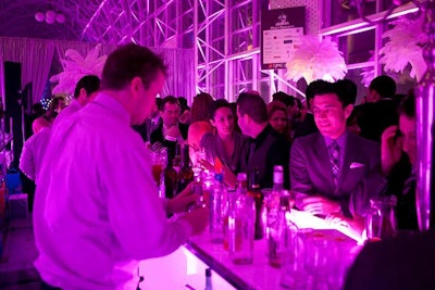 The bar car also offered the largest bar and the least amount of seating, which helped avoid creating bottlenecks. Westbury National Show Systems uplit the glass Skywalk in purple.